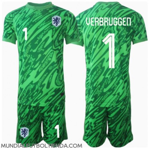 Camiseta Países Bajos Bart Verbruggen #1 Portero Primera Equipación Replica Eurocopa 2024 para niños mangas cortas (+ Pantalones cortos)